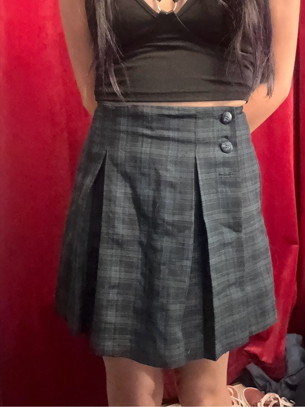 Vintage Navy & Green Plaid Pleated Mini Skort